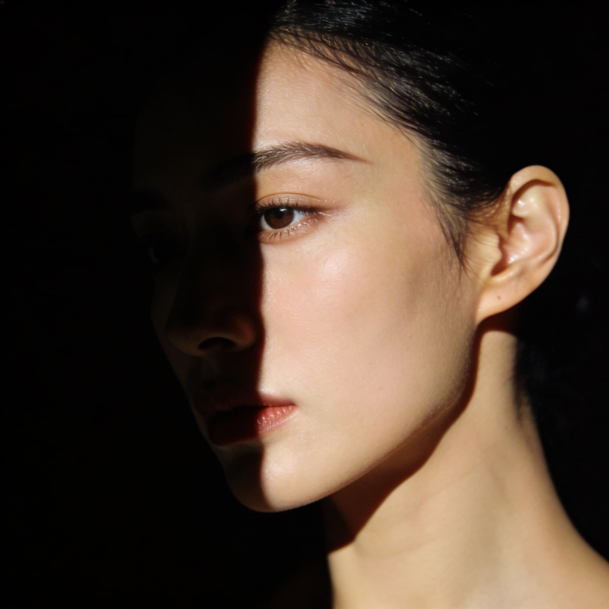 Dramatic low-key portrait of a woman with sharp cheekbones, half face in shadow, single… — Image generated by Seedream 5 Text-To-Image API